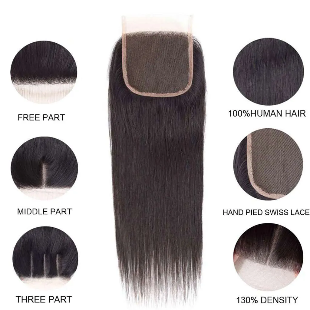 10A Straight Hair 4 Bundles With Closure Natural Color Brazilian Virgin Hair