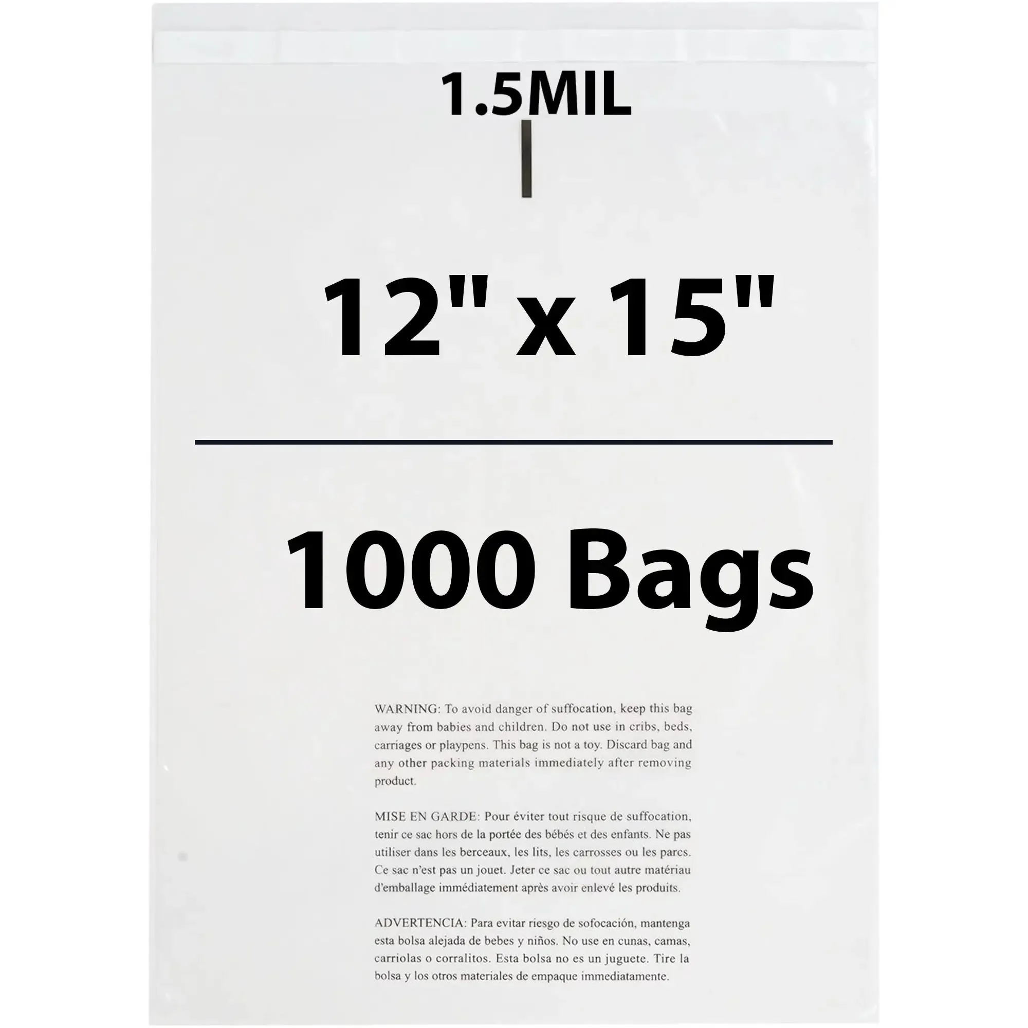 12X15 Inches Poly Bags With Suffocation Warning 1.5 Mil Lip and Tape