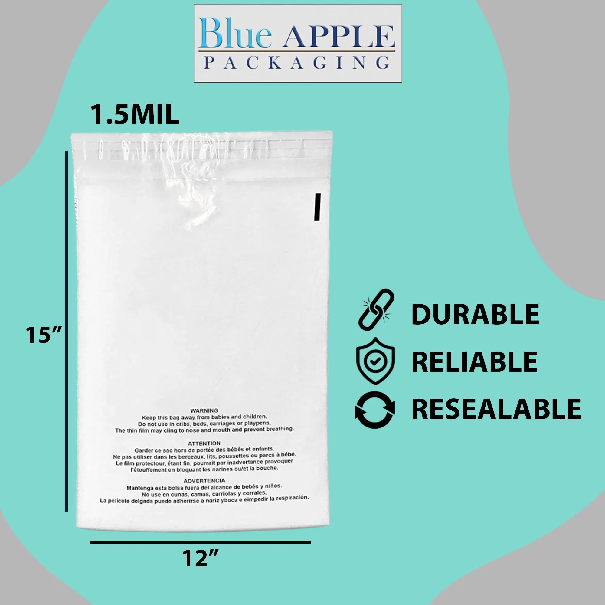 12X15 Inches Poly Bags With Suffocation Warning 1.5 Mil Lip and Tape