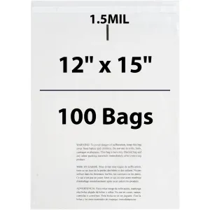 12X15 Inches Poly Bags With Suffocation Warning 1.5 Mil Lip and Tape