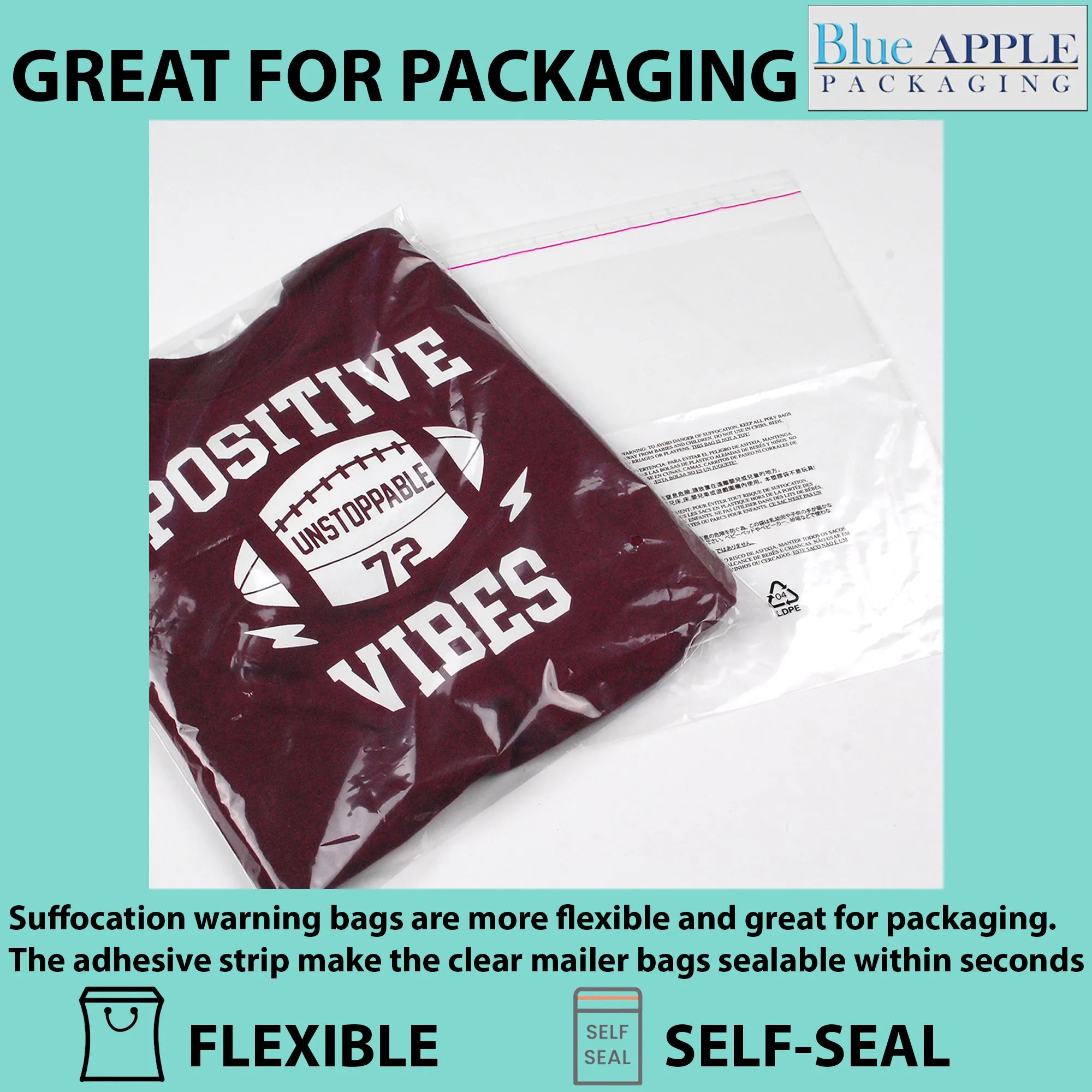 12X15 Inches Poly Bags With Suffocation Warning 1.5 Mil Lip and Tape