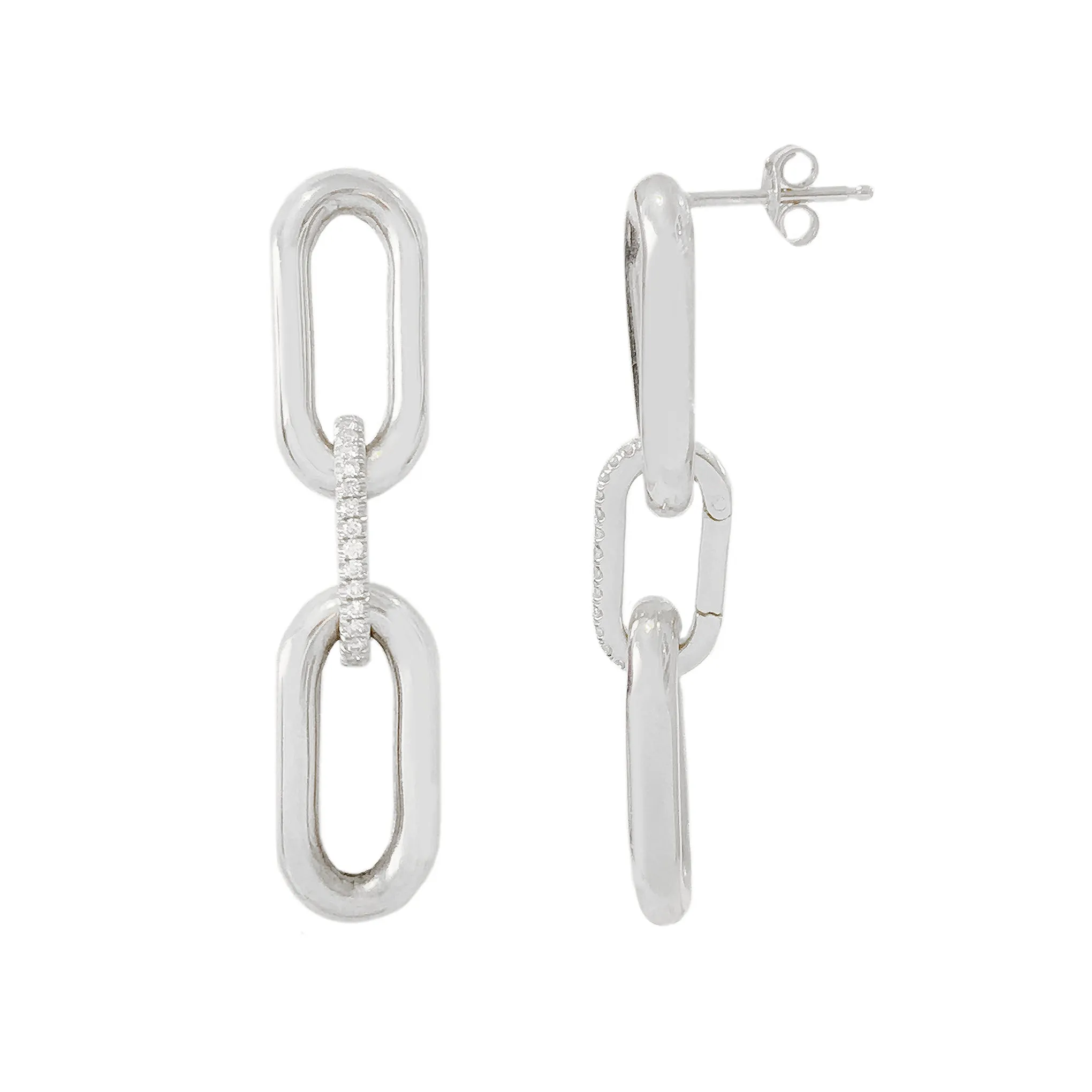 14K Gold Pavé Diamond Enhancer & Thick Oval Link Chain Convertible Dangle Stud Earrings, Large Size Links