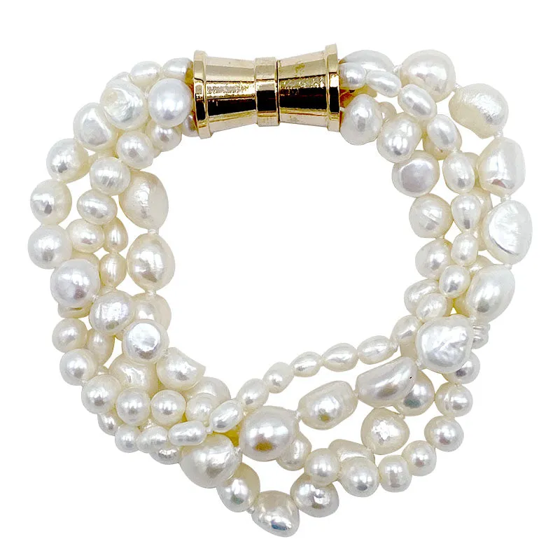 202-01-G | WHITE 4-STRAND BAROQUE MIX PEARL BRACELET (GOLD)
