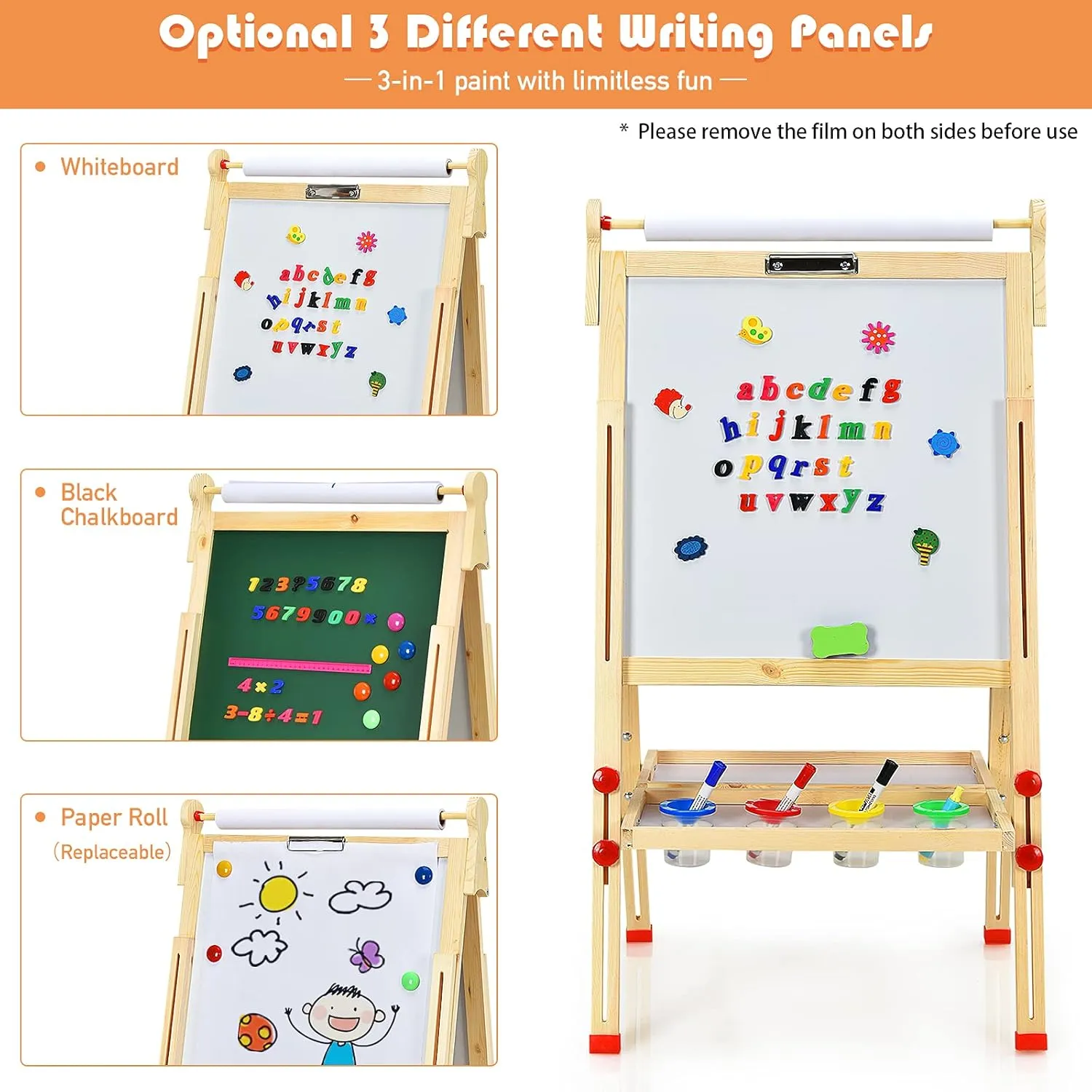 3-in-1 Wooden Height Adjustable Kids Art Easel | Paper Roller | Blackboard & Magnetic Whiteboard | 3 Years 