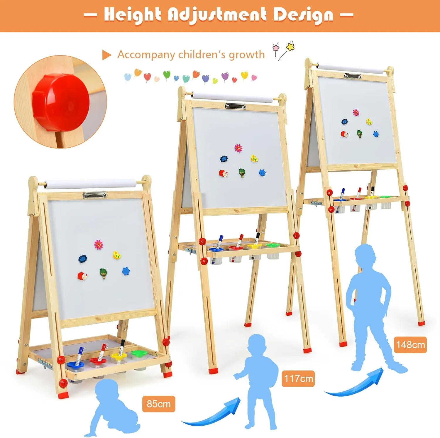 3-in-1 Wooden Height Adjustable Kids Art Easel | Paper Roller | Blackboard & Magnetic Whiteboard | 3 Years 