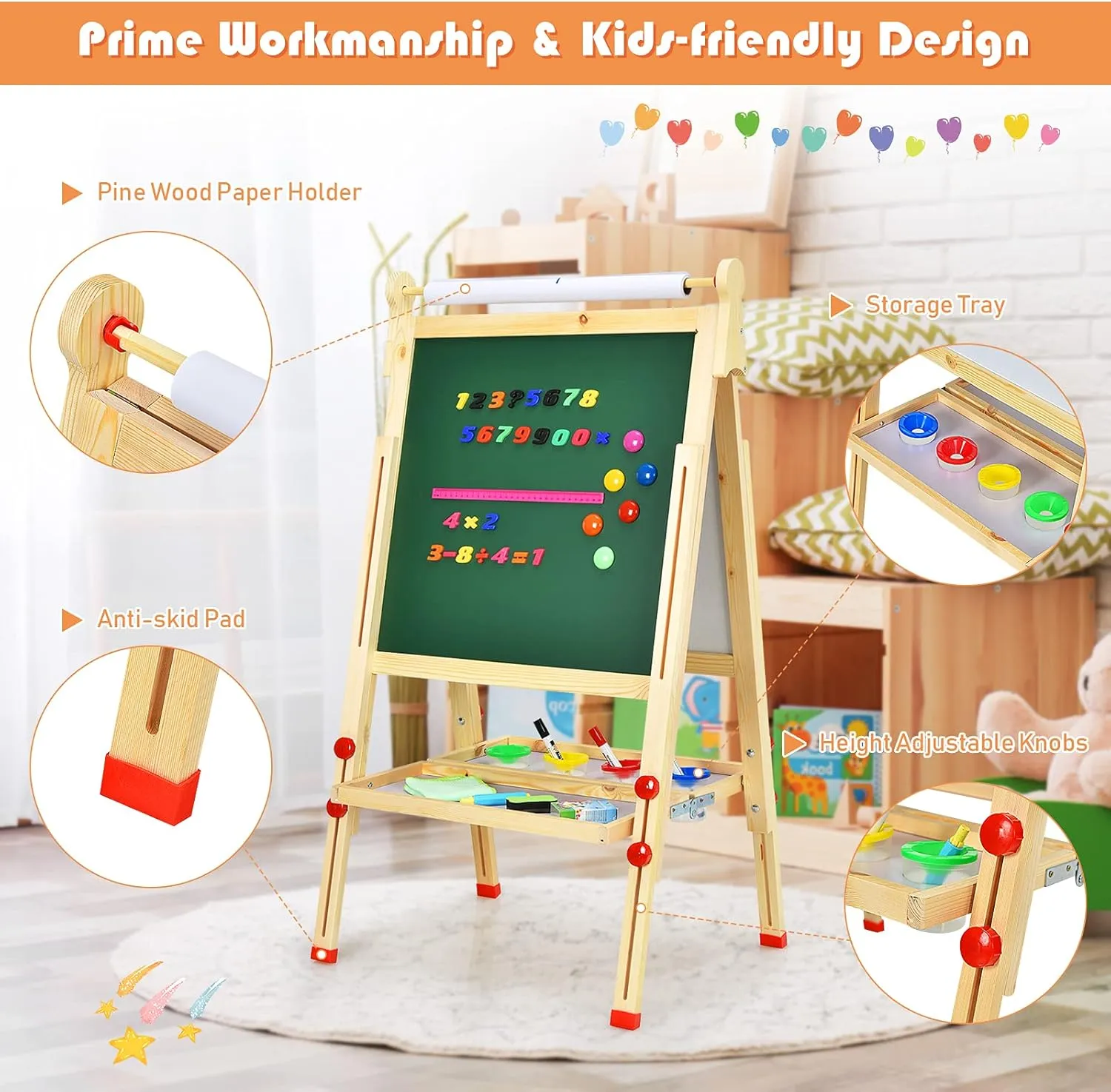 3-in-1 Wooden Height Adjustable Kids Art Easel | Paper Roller | Blackboard & Magnetic Whiteboard | 3 Years 