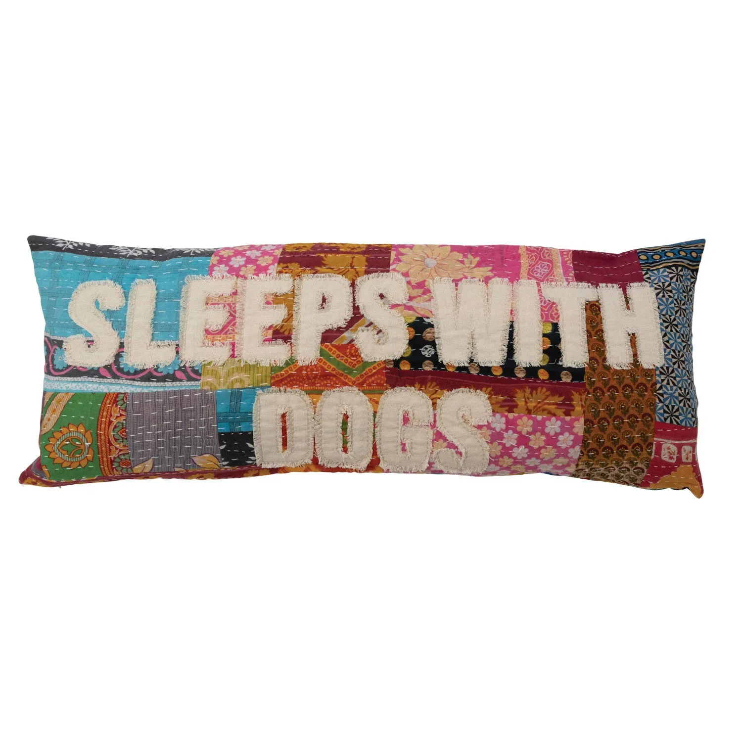 36" x 14" Vintage Kantha Patchwork Lumbar Pillow "Sleeps with Dogs"