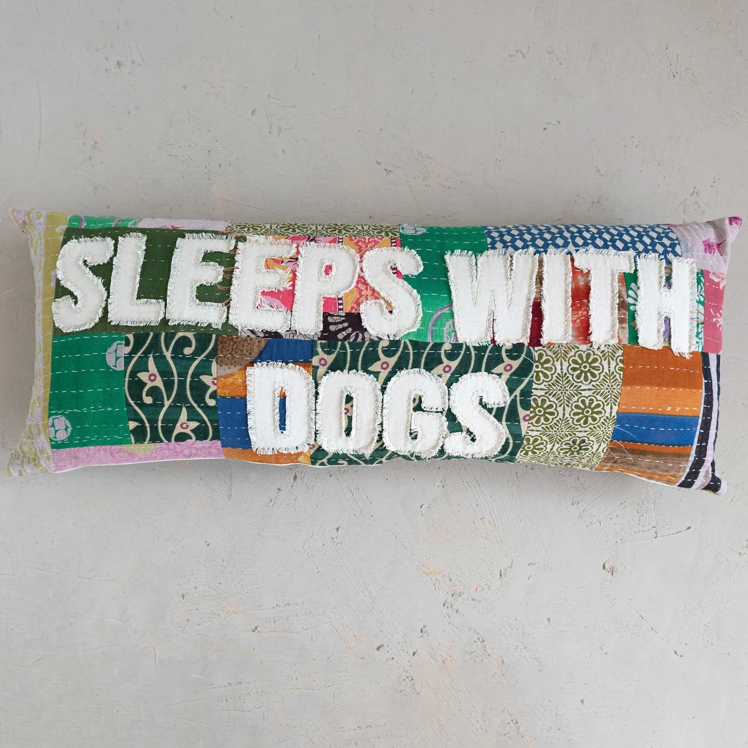 36" x 14" Vintage Kantha Patchwork Lumbar Pillow "Sleeps with Dogs"