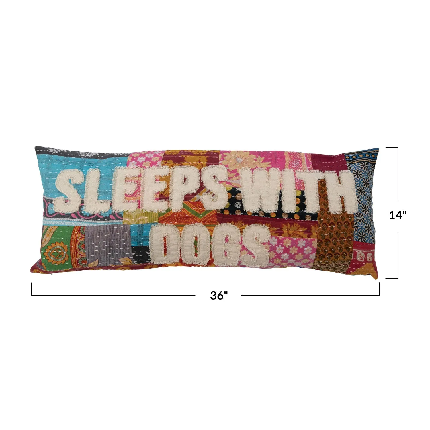 36" x 14" Vintage Kantha Patchwork Lumbar Pillow "Sleeps with Dogs"