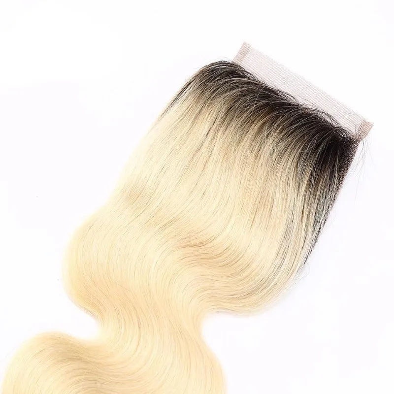 4x4 Transparent Lace Closure Body Wave 1B/613 Ombre Honey Blonde 100 Human Hair Closure