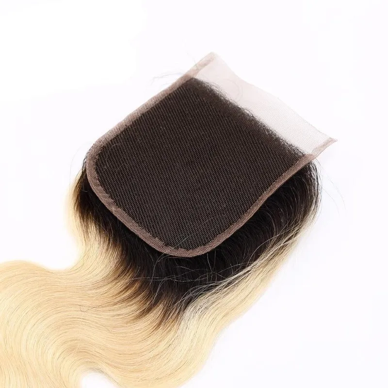 4x4 Transparent Lace Closure Body Wave 1B/613 Ombre Honey Blonde 100 Human Hair Closure