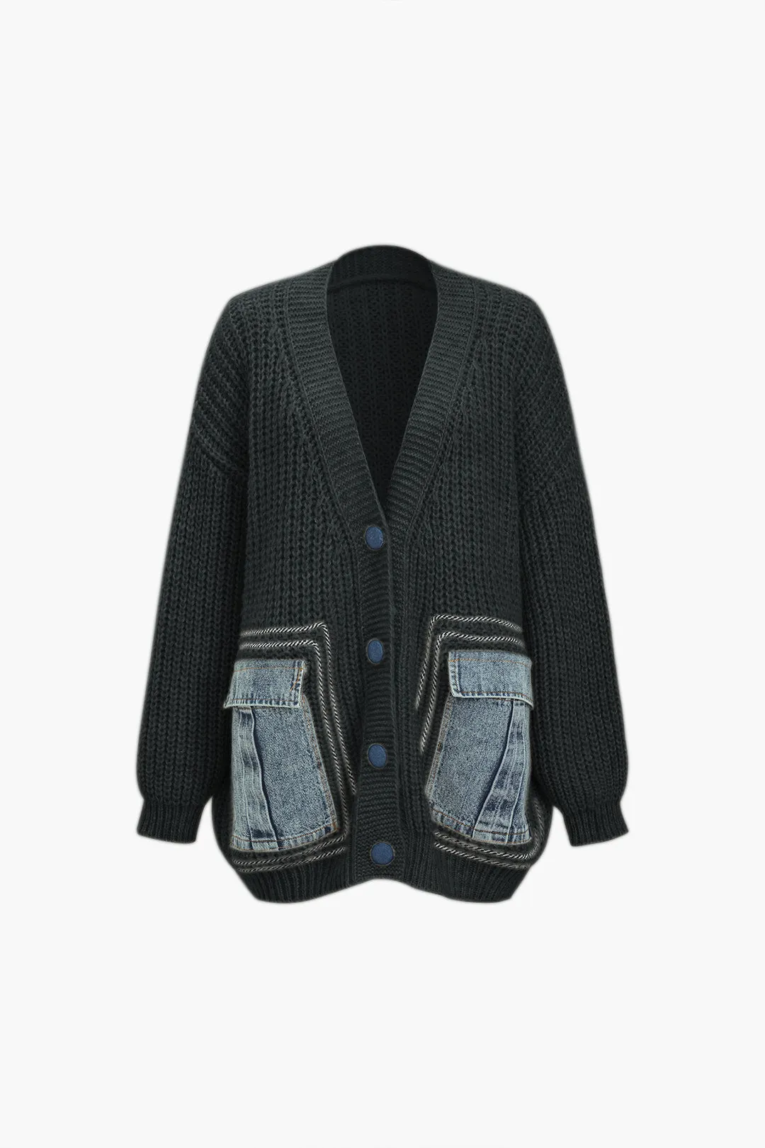 90s Unifarbener Denim Patchwork Cardigan mit Knöpfen und Taschen