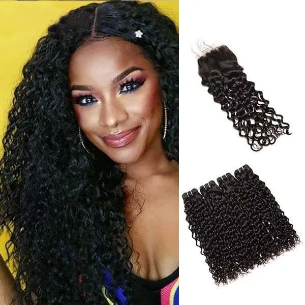 Alipop Hair Water Wave 4 Bundles with Closure 100% Unprocessed Virgin Human Hair 4 Bundles with Lace Closure with Baby Hair