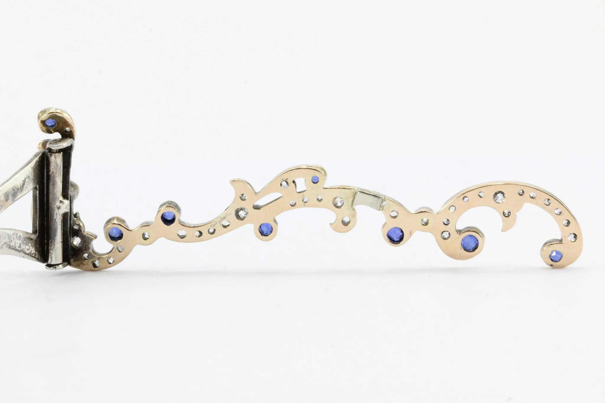 Antique Edwardian Gold & Silver Diamond Sapphire Hair Clip Barrette C.1900