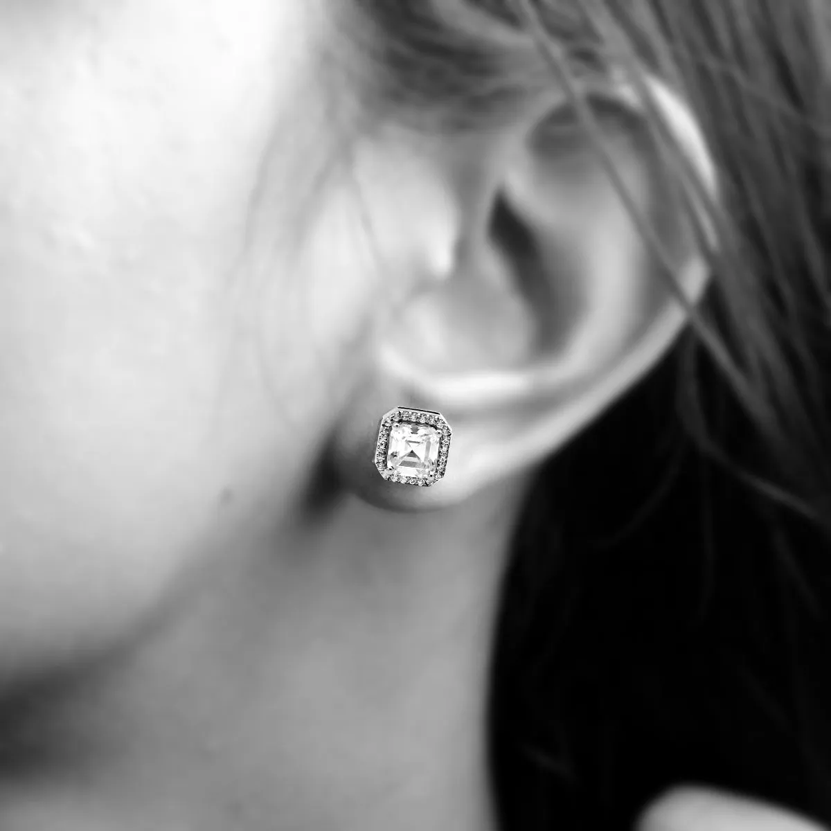 Asscher Halo Wedding Stud 14kt White Gold Earrings