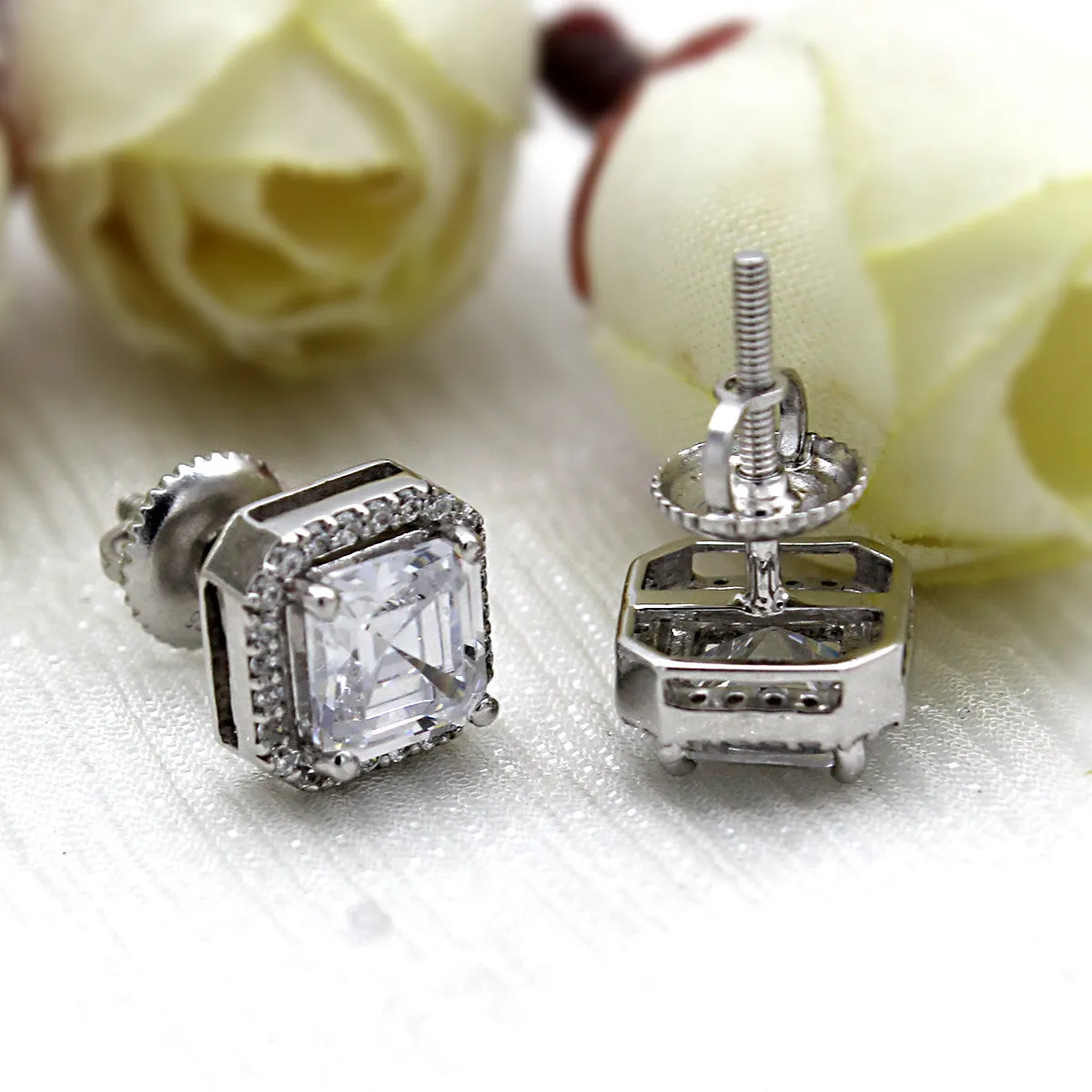 Asscher Halo Wedding Stud 14kt White Gold Earrings