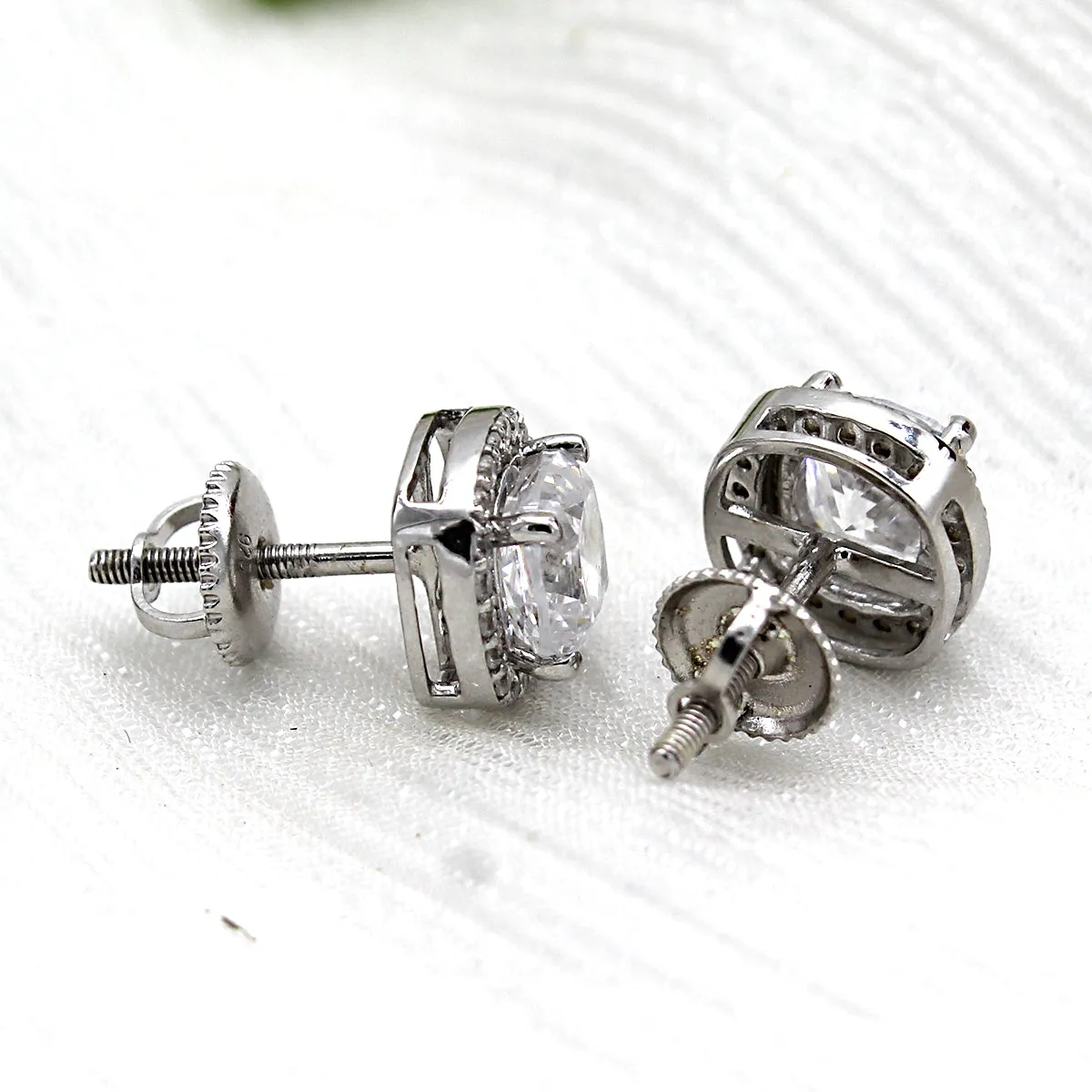 Asscher Halo Wedding Stud 14kt White Gold Earrings
