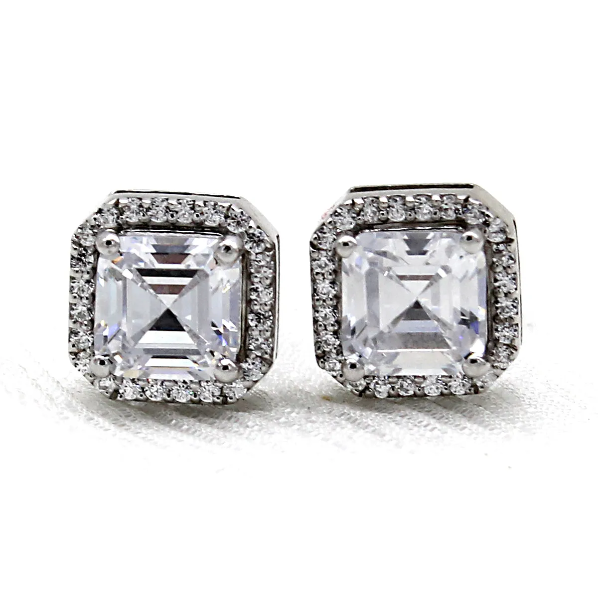 Asscher Halo Wedding Stud 14kt White Gold Earrings