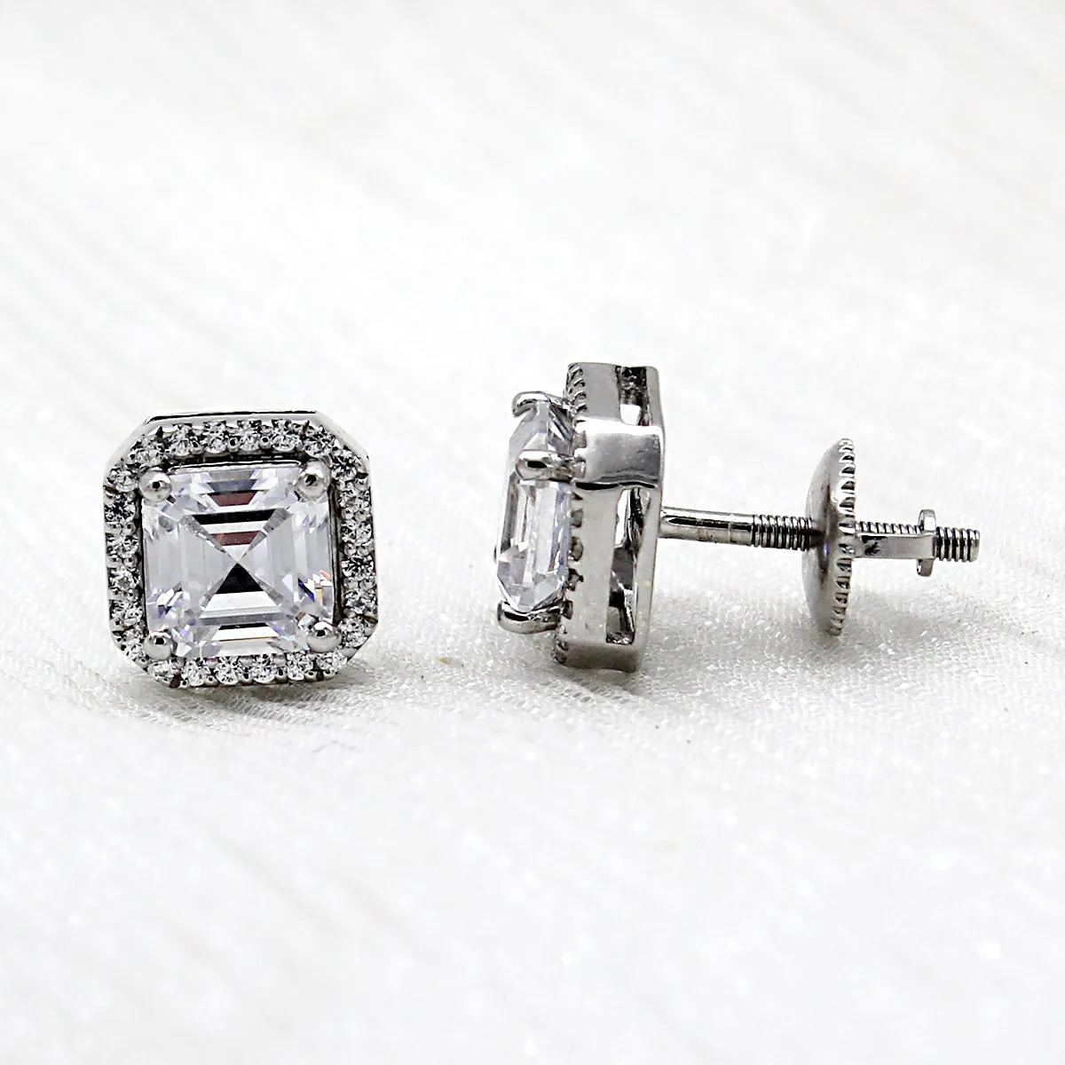 Asscher Halo Wedding Stud 14kt White Gold Earrings