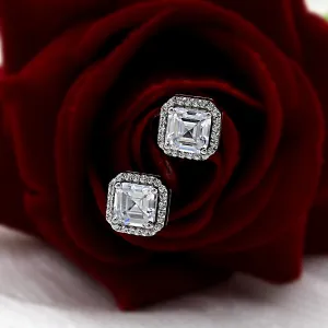 Asscher Halo Wedding Stud 14kt White Gold Earrings