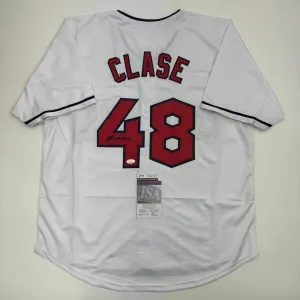 Autographed/Signed Emmanuel Clase Cleveland White Baseball Jersey JSA COA