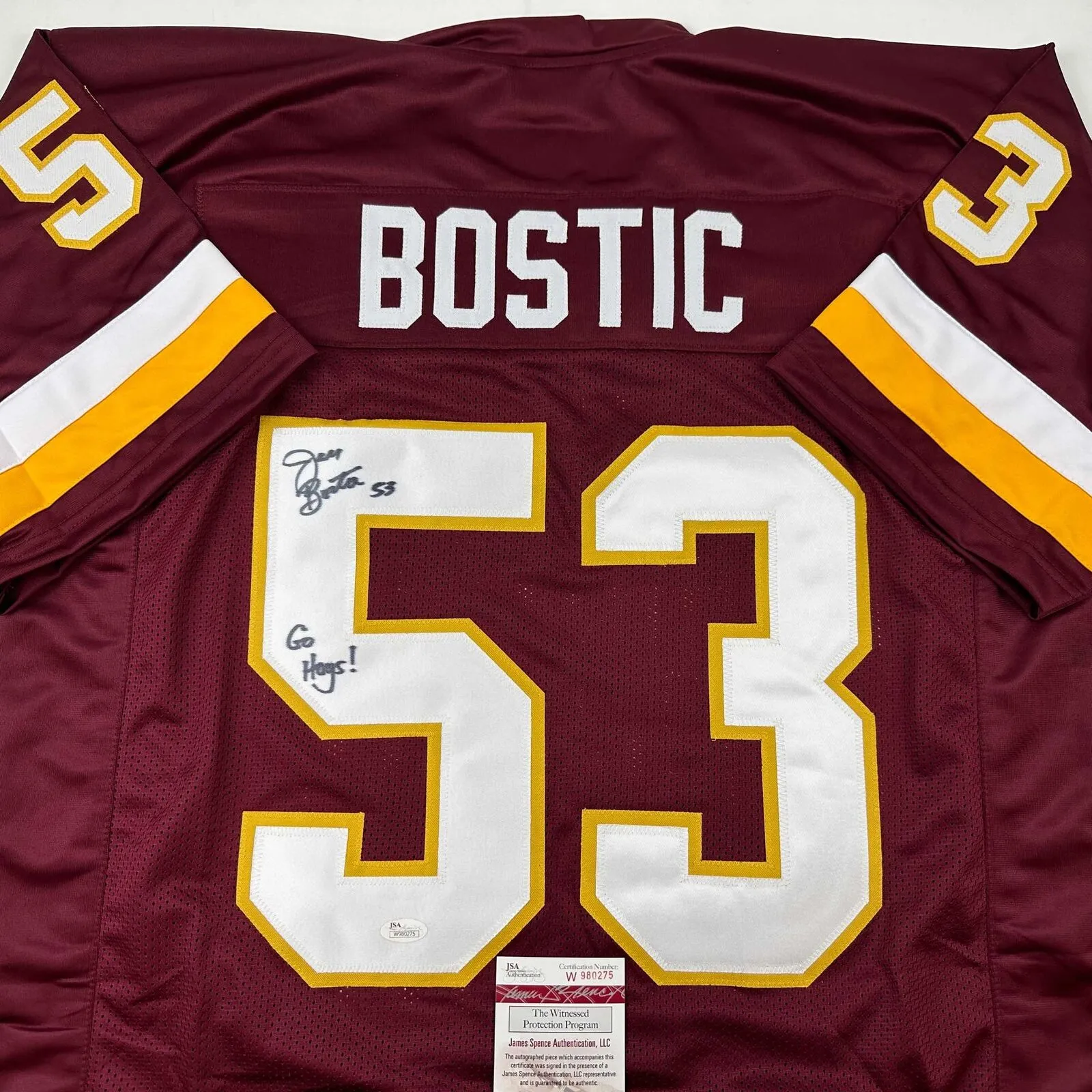 Autographed/Signed Jeff Bostic Washington Burgundy Football Jersey JSA COA
