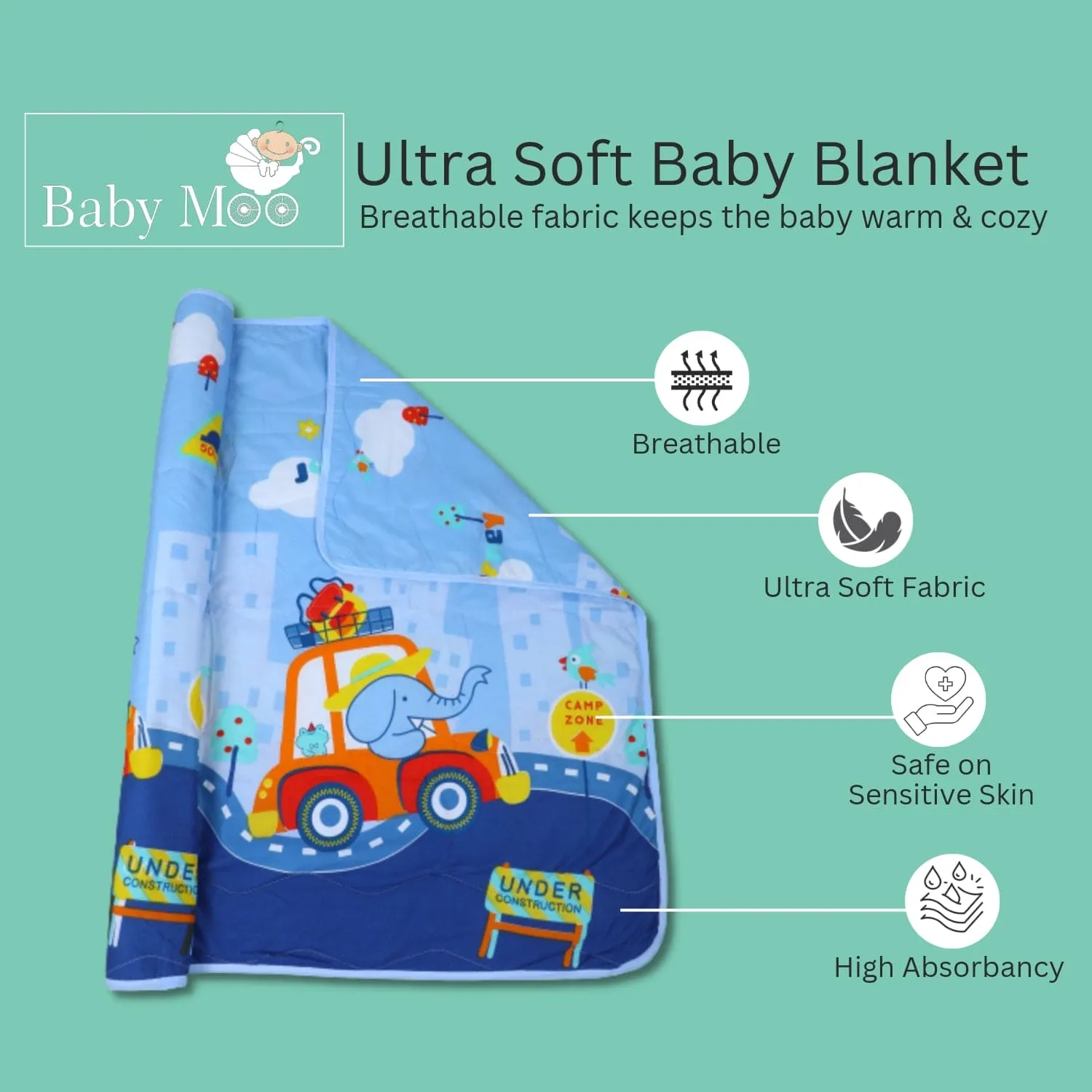 Baby Moo Elephant Road Trip Soft Quilted Premium Reversible Blanket - Blue