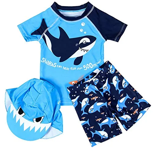 Baby Toddler Boys Two Pieces Swimsuit Set Shark Bathing Suit Rash Guards Swimwear with Hat UPF 50  (3D Blue Shark, 6Years)
