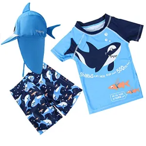 Baby Toddler Boys Two Pieces Swimsuit Set Shark Bathing Suit Rash Guards Swimwear with Hat UPF 50  (3D Blue Shark, 6Years)