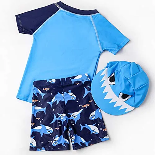 Baby Toddler Boys Two Pieces Swimsuit Set Shark Bathing Suit Rash Guards Swimwear with Hat UPF 50  (3D Blue Shark, 6Years)