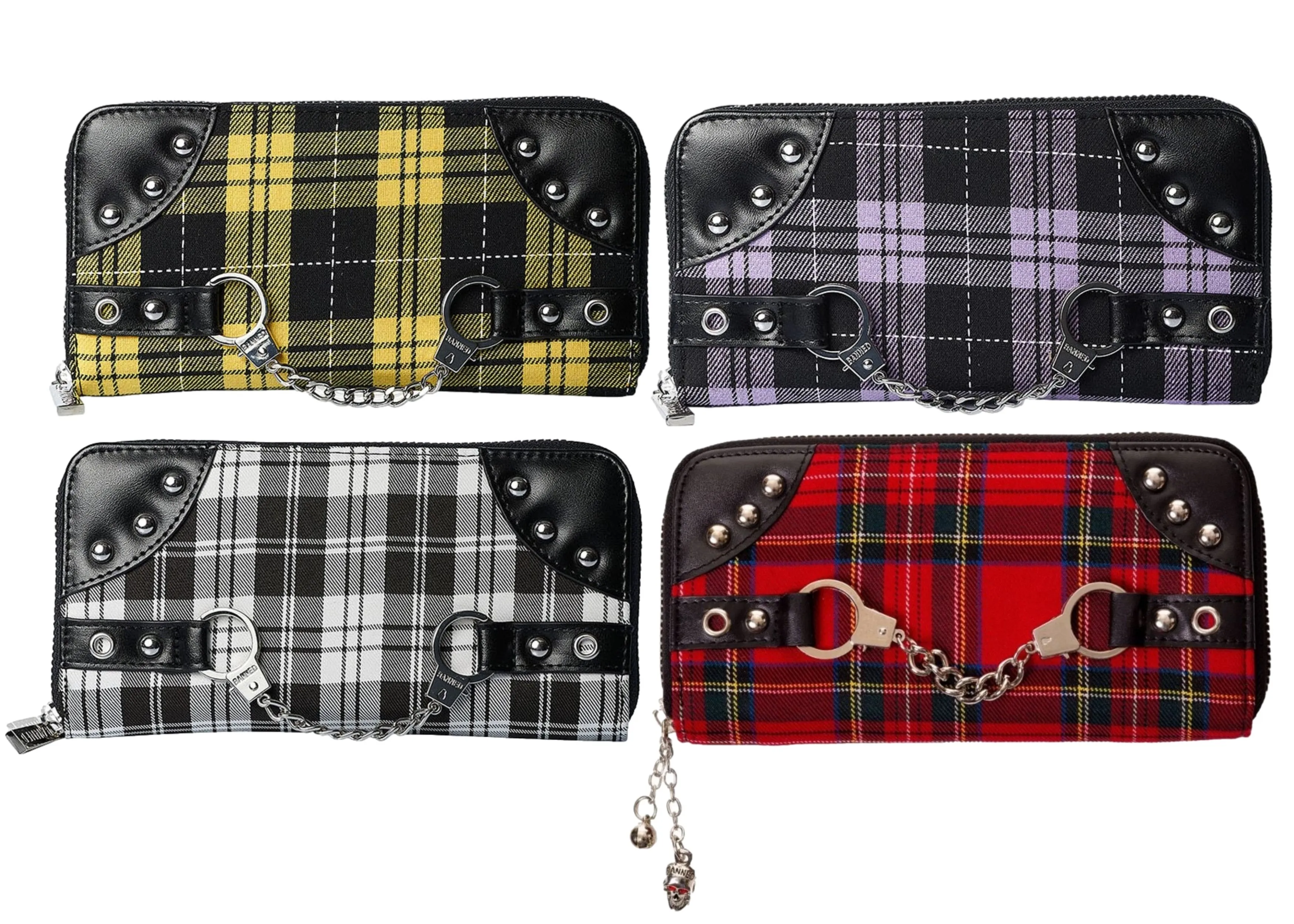 Banned Handcuff Wallet Tartan Punk Studded, Purple