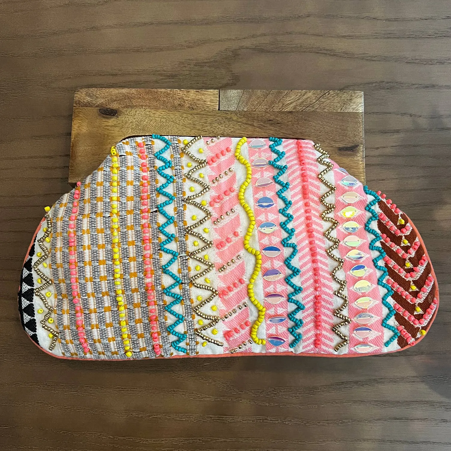 Beaded Clutch Bag with Wooden Handle for Women