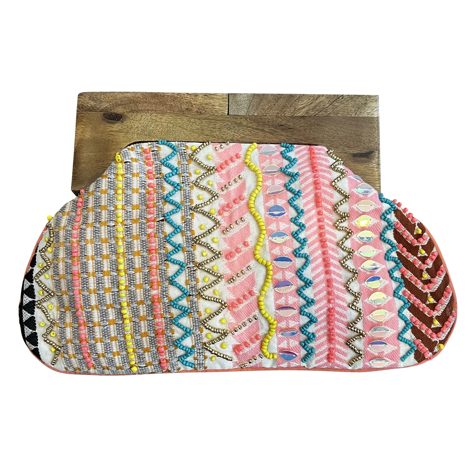 Beaded Clutch Bag with Wooden Handle for Women
