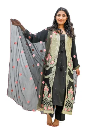Black & Gold Silk Chiffon Embroidered Salwar Kameez - Suit