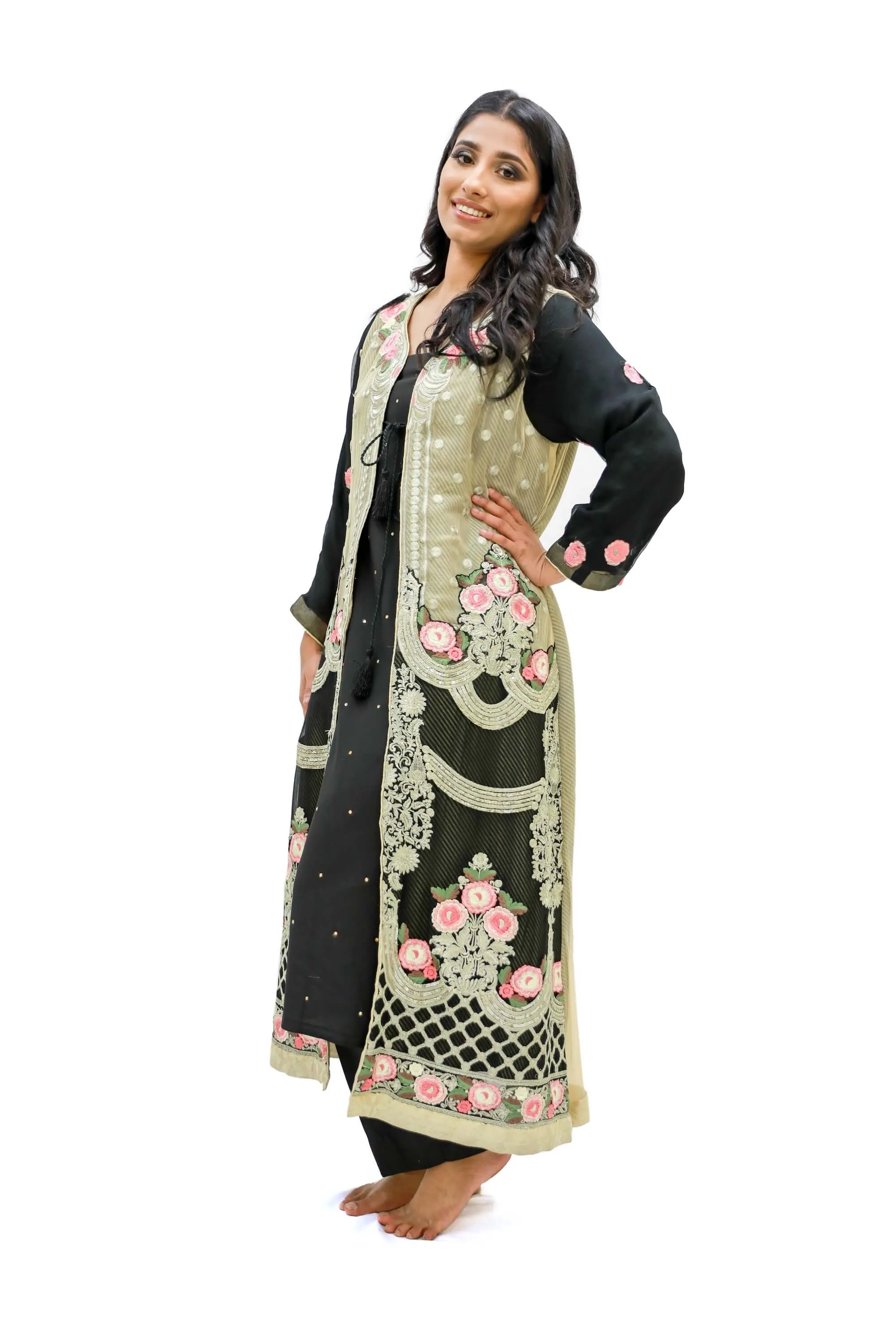 Black & Gold Silk Chiffon Embroidered Salwar Kameez - Suit