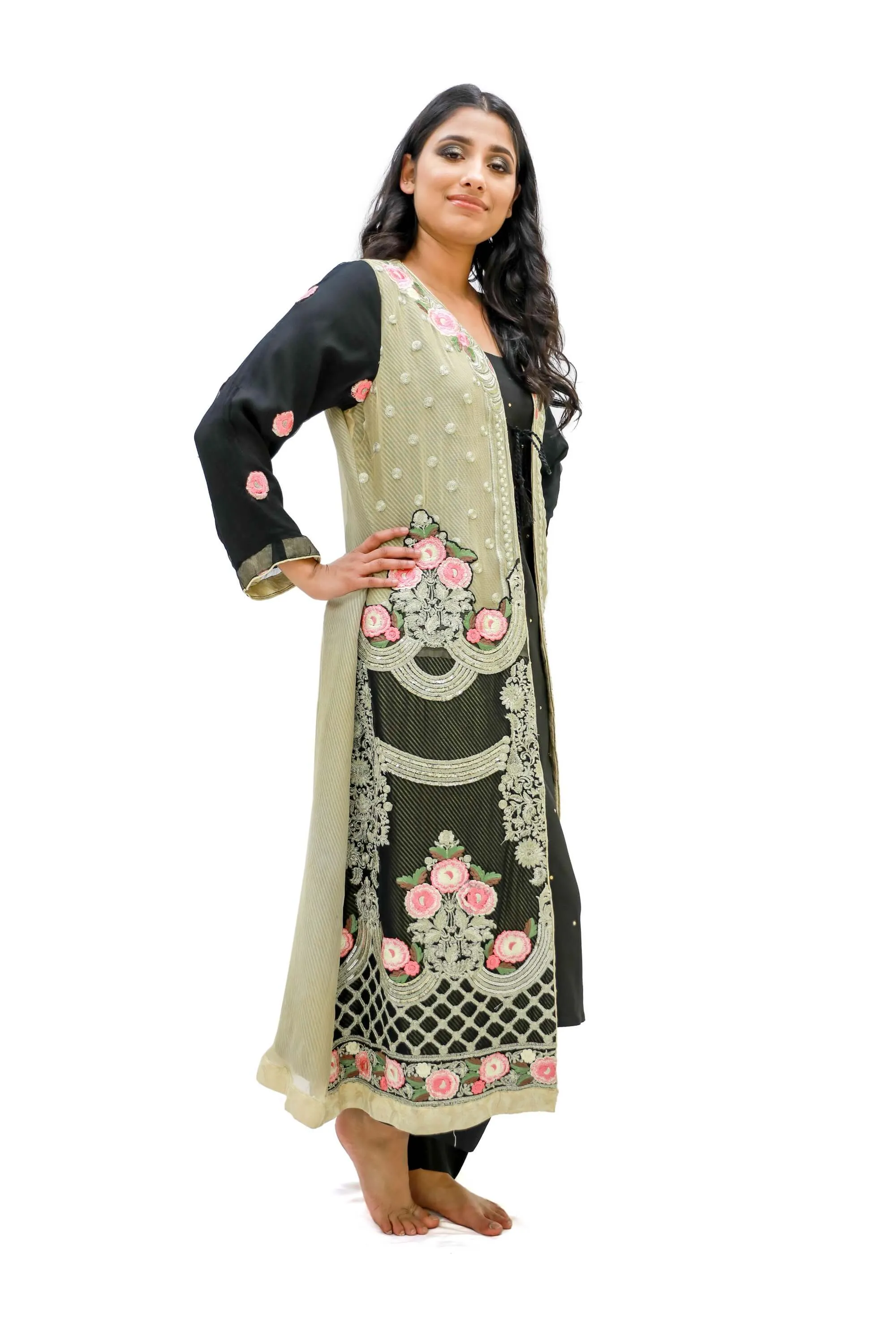 Black & Gold Silk Chiffon Embroidered Salwar Kameez - Suit