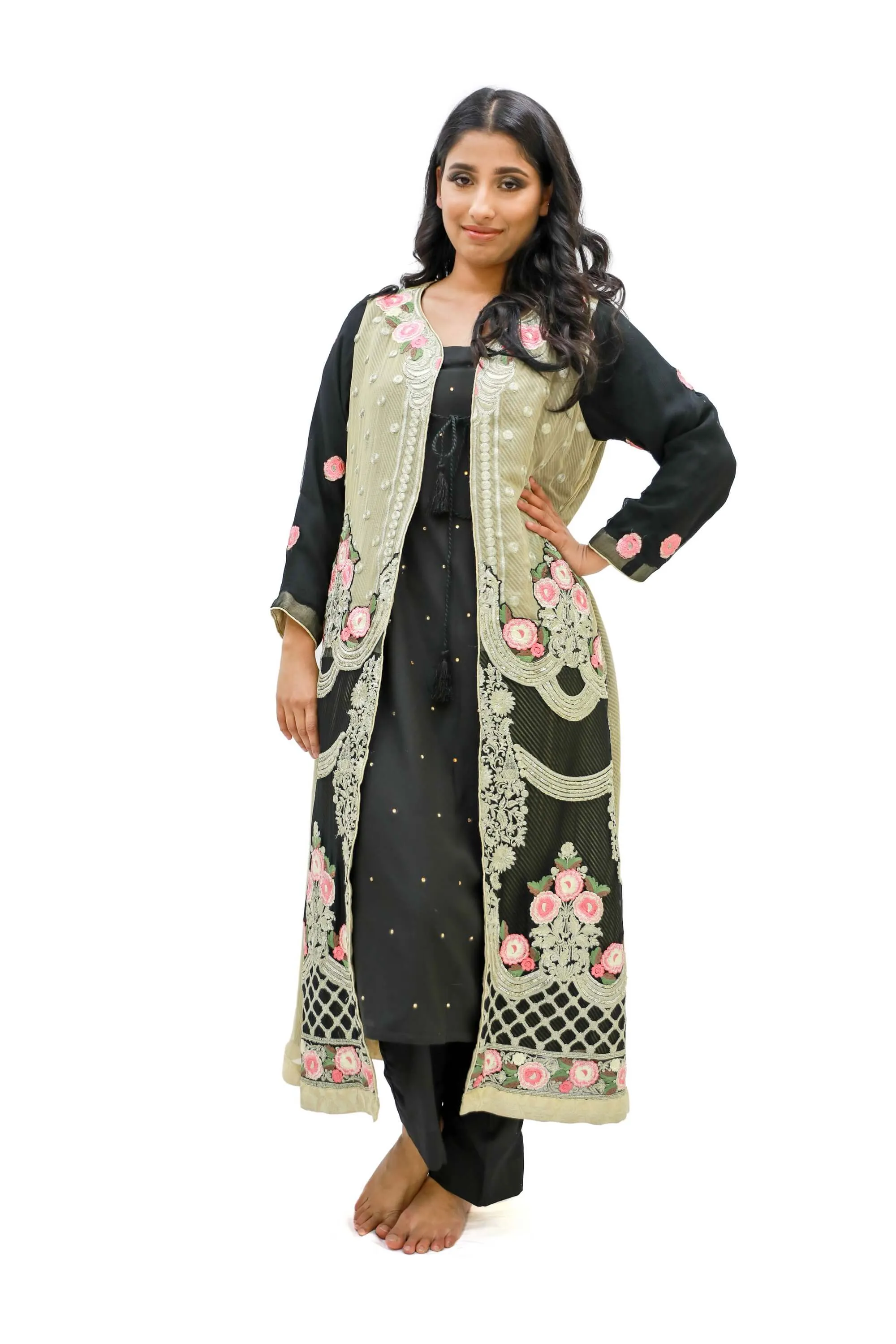 Black & Gold Silk Chiffon Embroidered Salwar Kameez - Suit