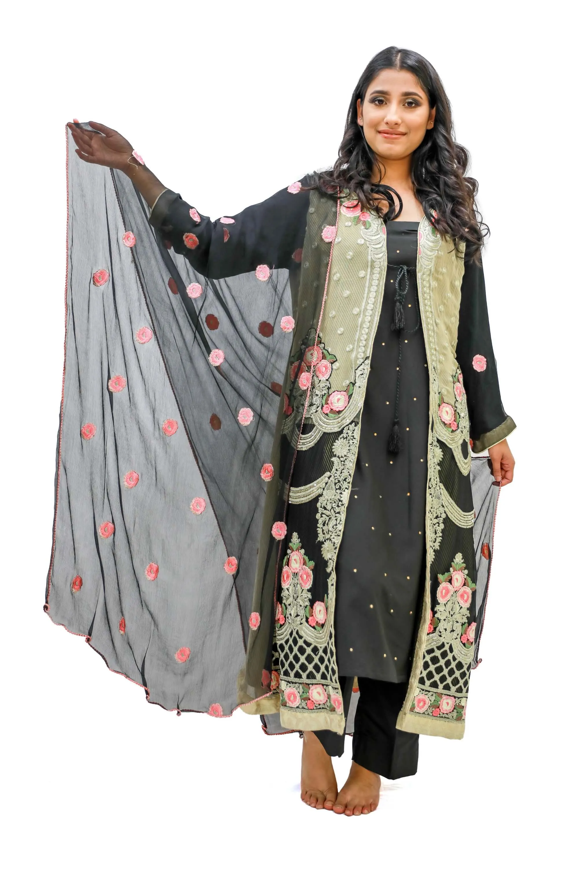 Black & Gold Silk Chiffon Embroidered Salwar Kameez - Suit