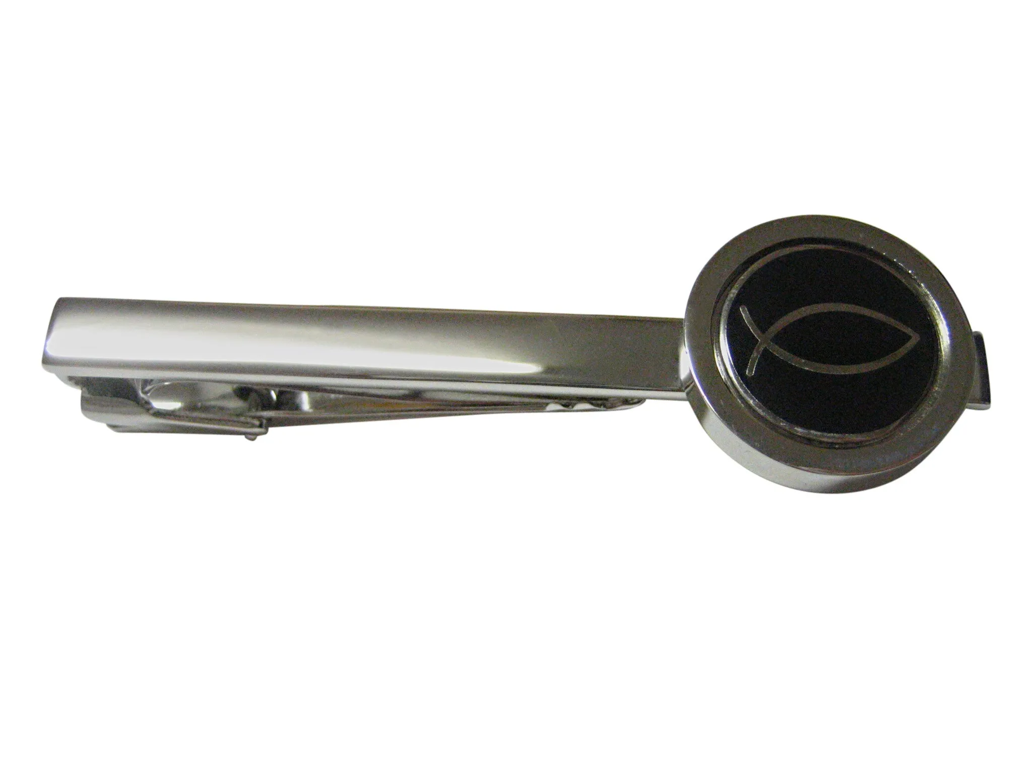 Black and Silver Toned Religious Ichthys Fish Square Tie Clip