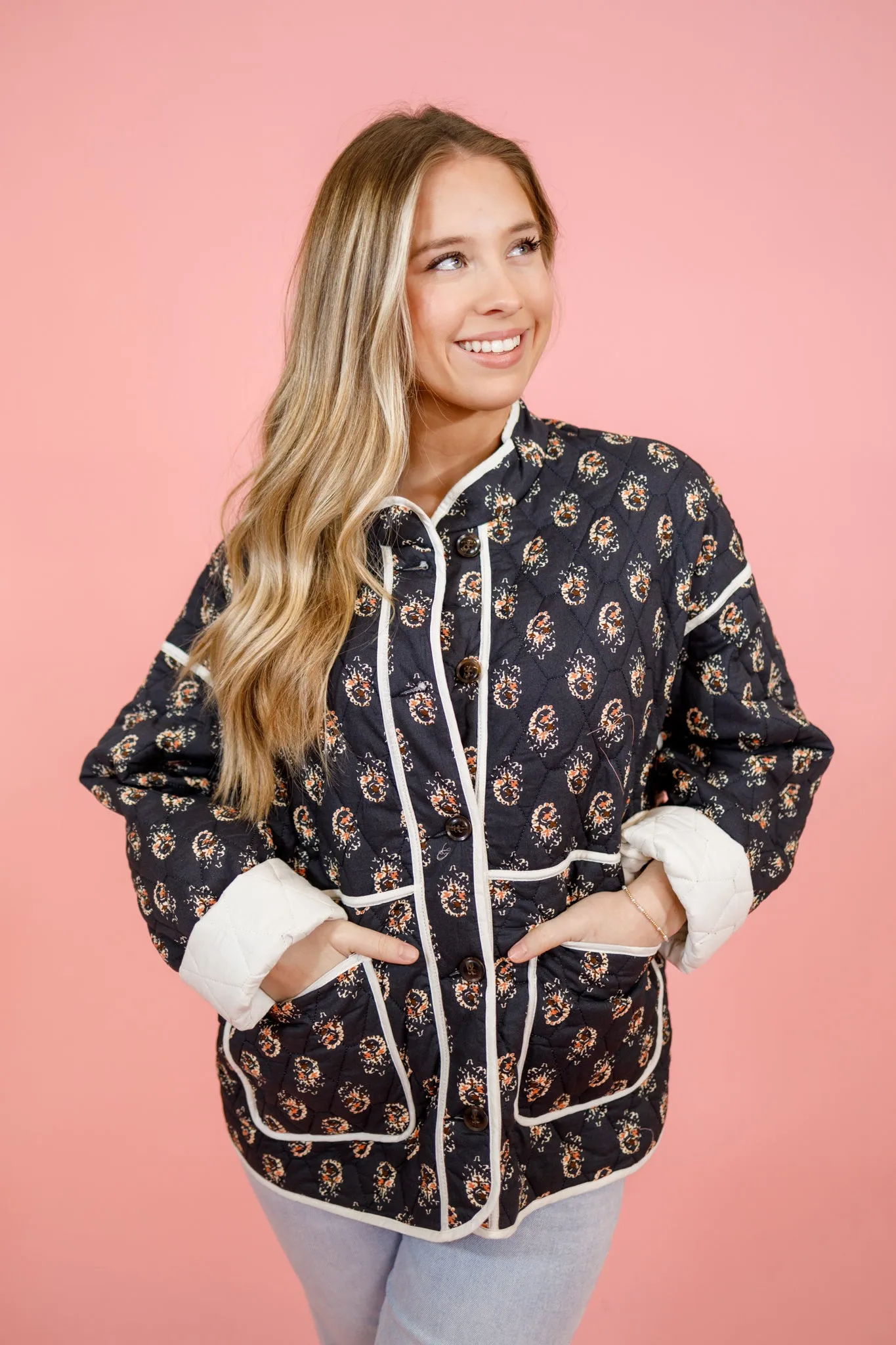 Black Pattern Quilted Puff Jacket