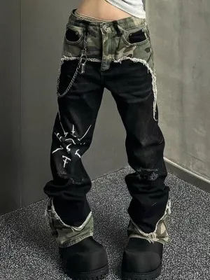 Black vintage camouflage patchwork flared jeans