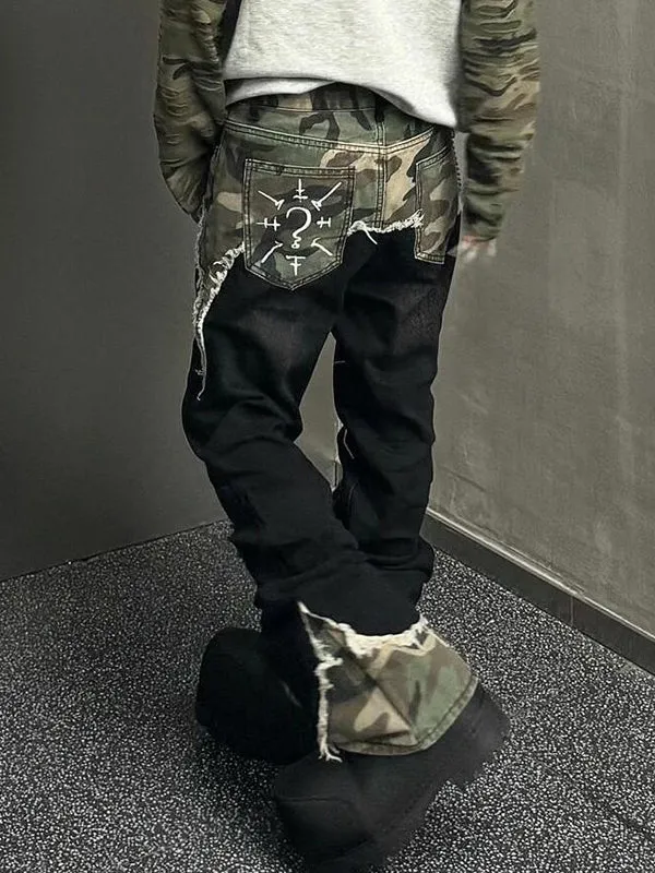 Black vintage camouflage patchwork flared jeans