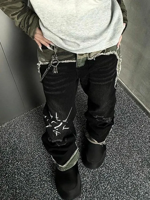 Black vintage camouflage patchwork flared jeans