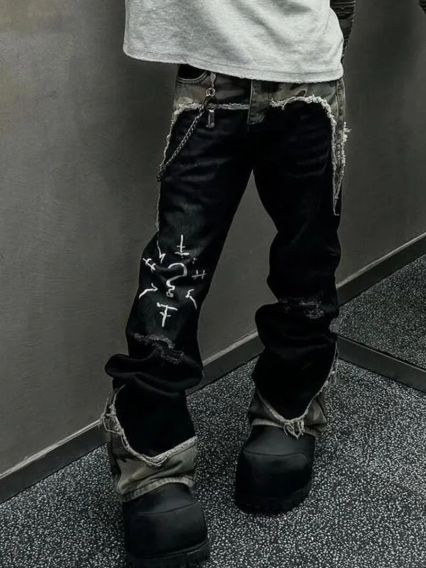 Black vintage camouflage patchwork flared jeans