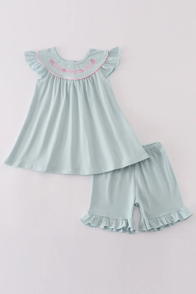 Blue Floral Bow Embroidery Girl Set