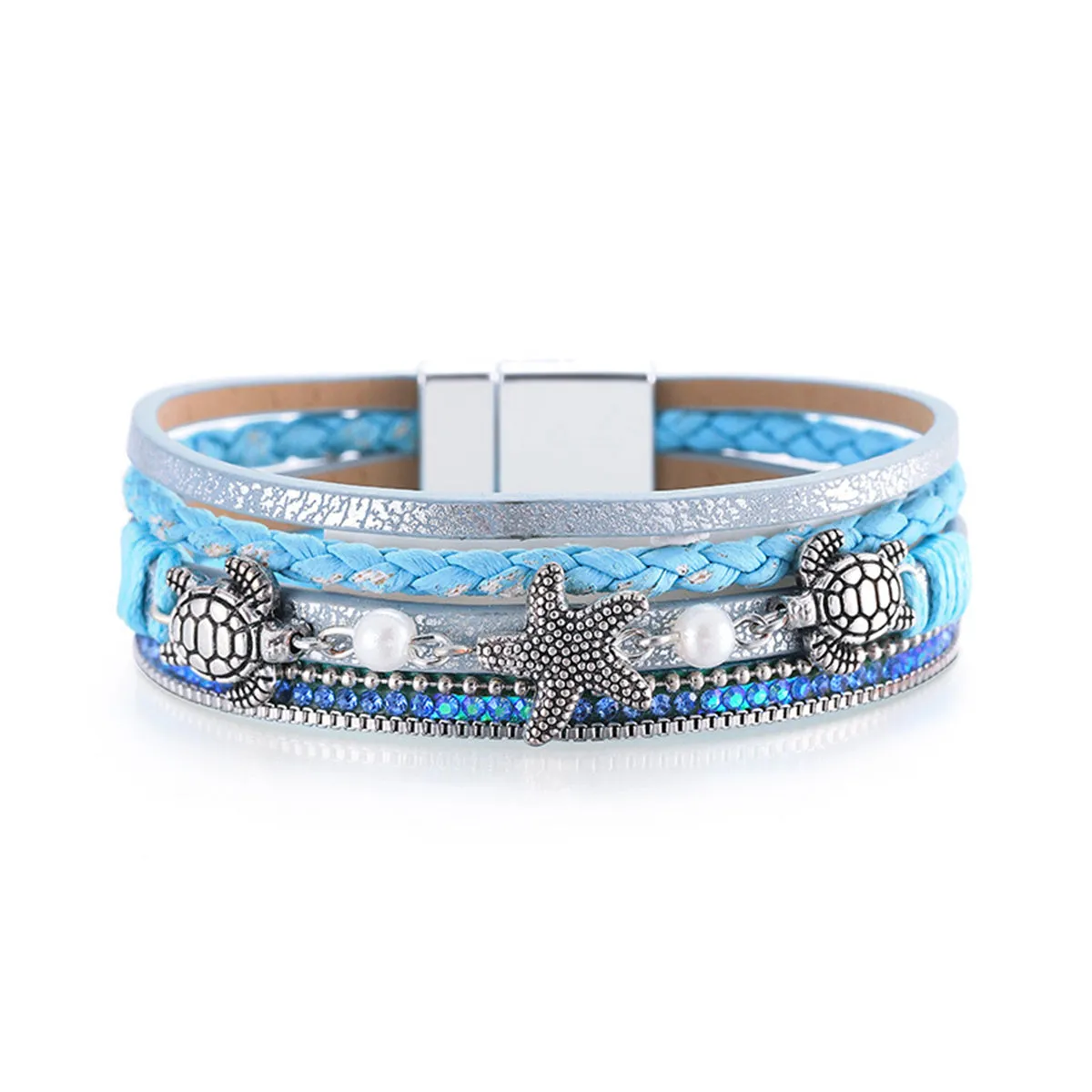 Blue Polystyrene & Pearl Turtle Starfish Layered Bracelet