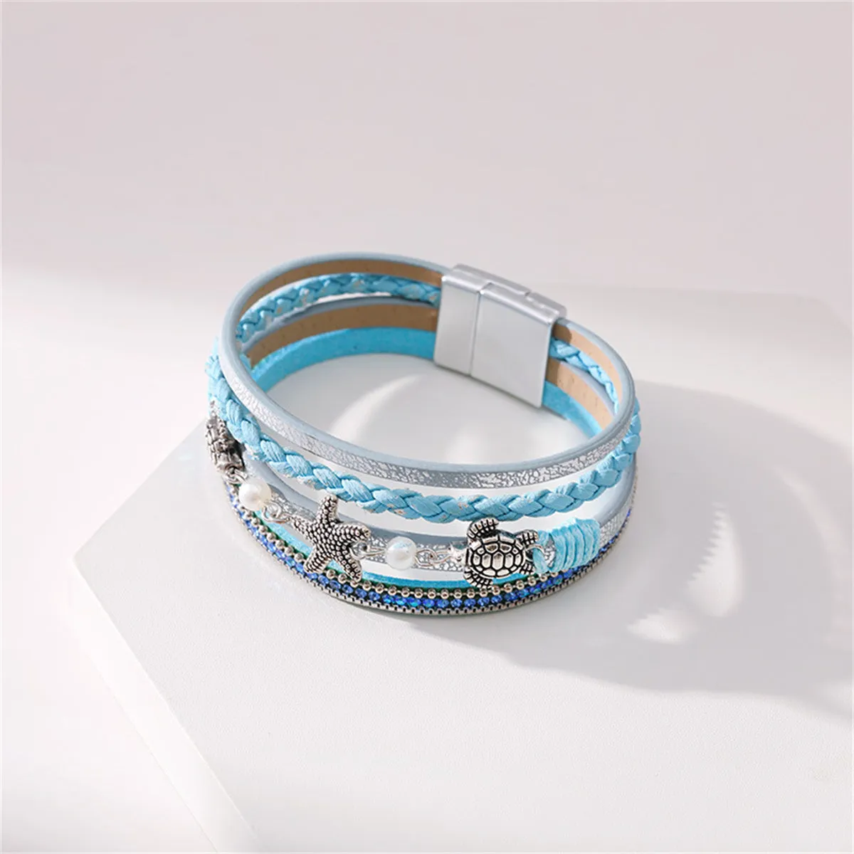 Blue Polystyrene & Pearl Turtle Starfish Layered Bracelet