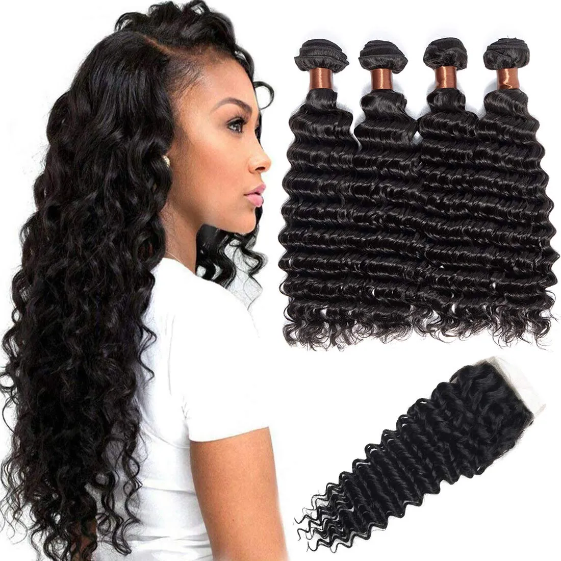 Brazilian Deep Wave 4 Bundles With 4×4 Lace Closure  MYLOCKME