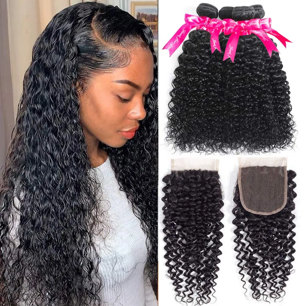 Brazilian Kinky Curly 4 Bundles With 4×4 Lace Closure 10A Grade 100% Human Remy Hair MYLOCKME