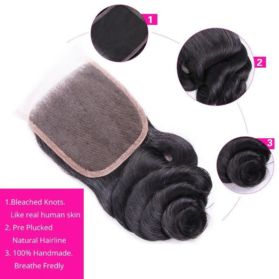 Brazilian Loose Wave Human Hair 3 Bundles with 4x4 Lace Closure MYLOCKME